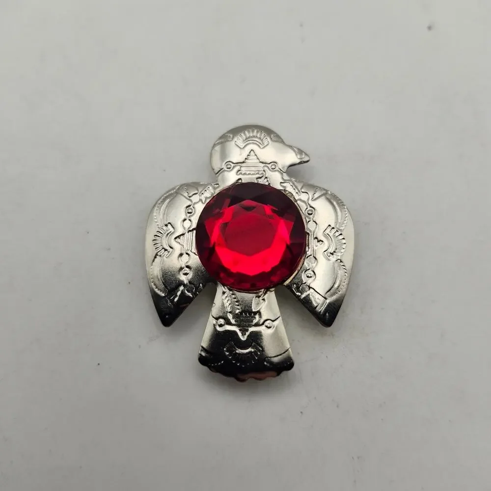 Southwestern Thunderbird Button Cover Red Faceted Rhinestone Silver Tone
